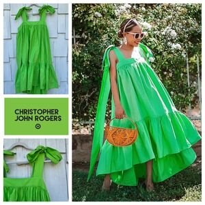 Christopher John Rogers Green Cotton Tie Strap Tiered Maxi Dress Size 1X